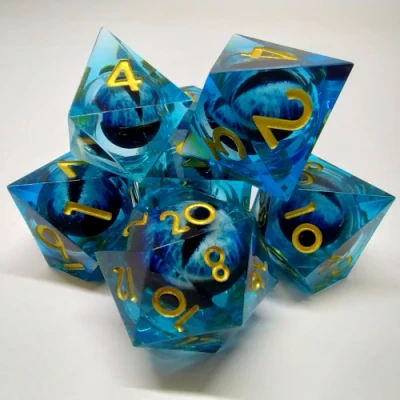 Kit de dés Oeil de Dragon - bleu dans une bouteille avec couvercle dévisable