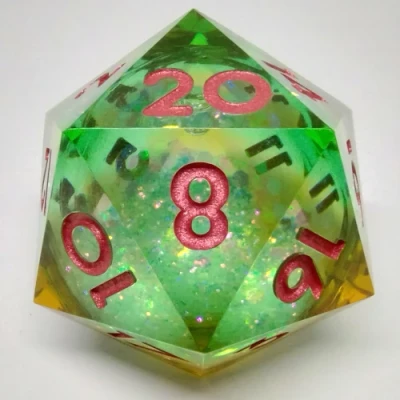 Gros d20 (33mm): Tourbillon de rêves - vert & jaune