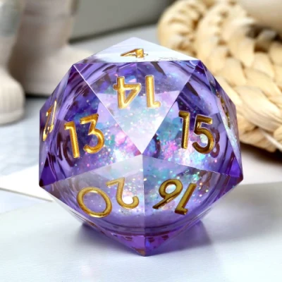 Gros d20 "Spindown" (33mm): Tourbillon de rêves - mauve & or