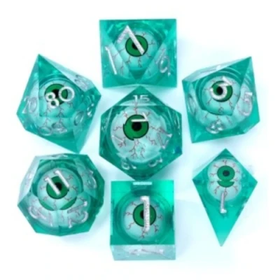 Kit de dés oeil de beholder - vert dans une bouteille avec couvercle dévisable