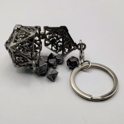 Porte-clef d20 - déchaînement de dragons - argent antique avec mini-kit de dés polyédriques 6mm